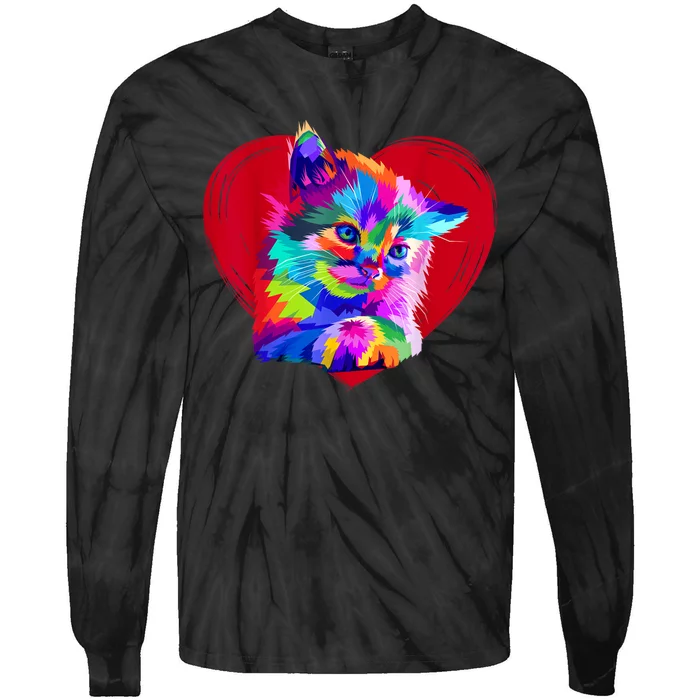 Cute Multicolor Cat Heart Valentines Day For Kitties Lovers Tie-Dye Long Sleeve Shirt