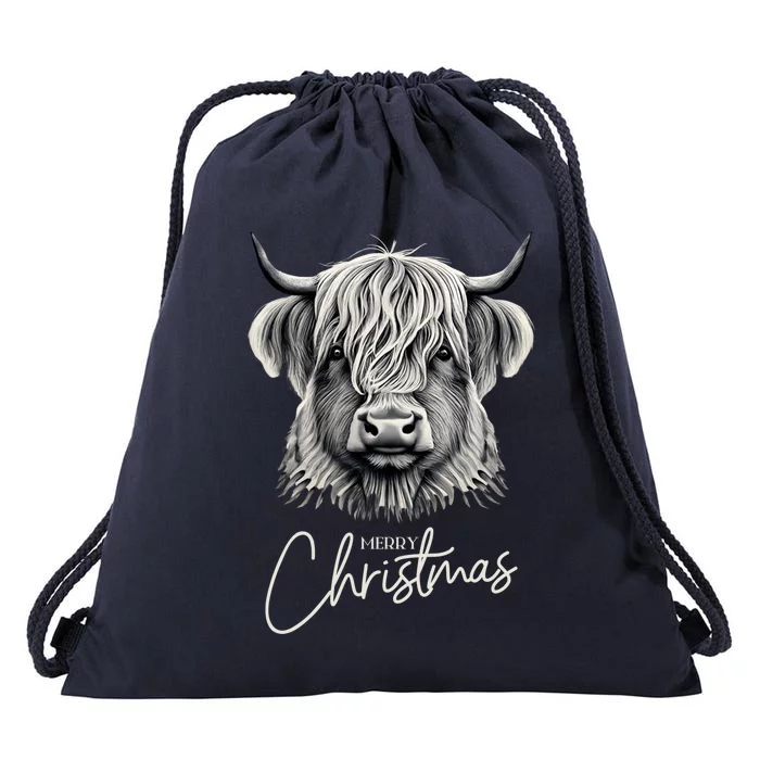 Cow Merry Christmas Scottish Highland Cow Xmas Cow Lover Great Gift Drawstring Bag