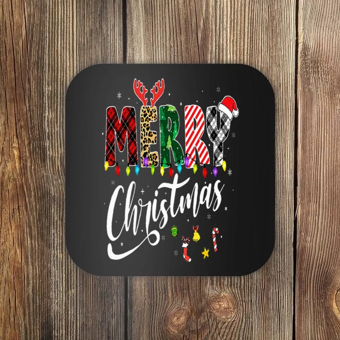 Cute Merry Christmas Leopard Buffalo Red Plaid Coaster