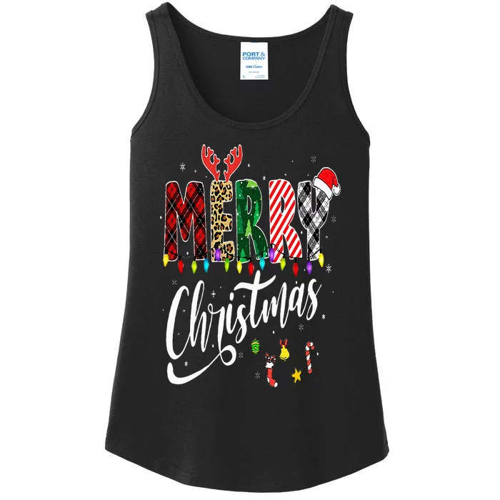 Cute Merry Christmas Leopard Buffalo Red Plaid Ladies Essential Tank