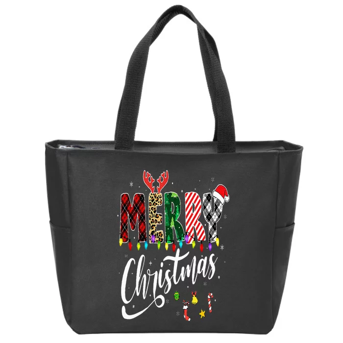 Cute Merry Christmas Leopard Buffalo Red Plaid Zip Tote Bag