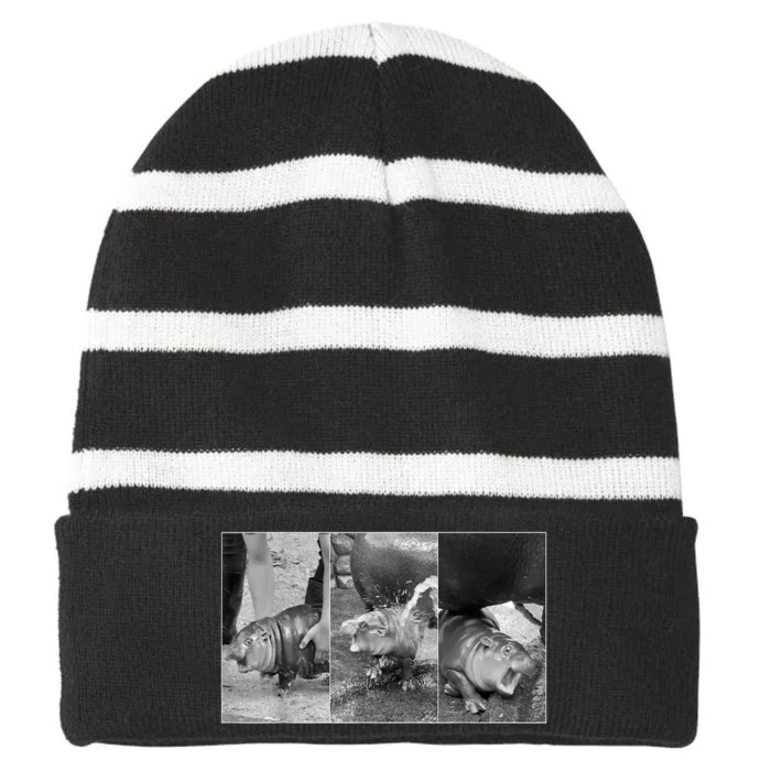 Cute Moo Deng Baby Hippo Zoo Baby Hippo Gift Striped Beanie with Solid Band