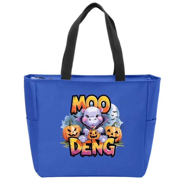 Cute Moo Deng Bouncy Pig In Thai Halloween Baby Hippopotamus Zip Tote Bag