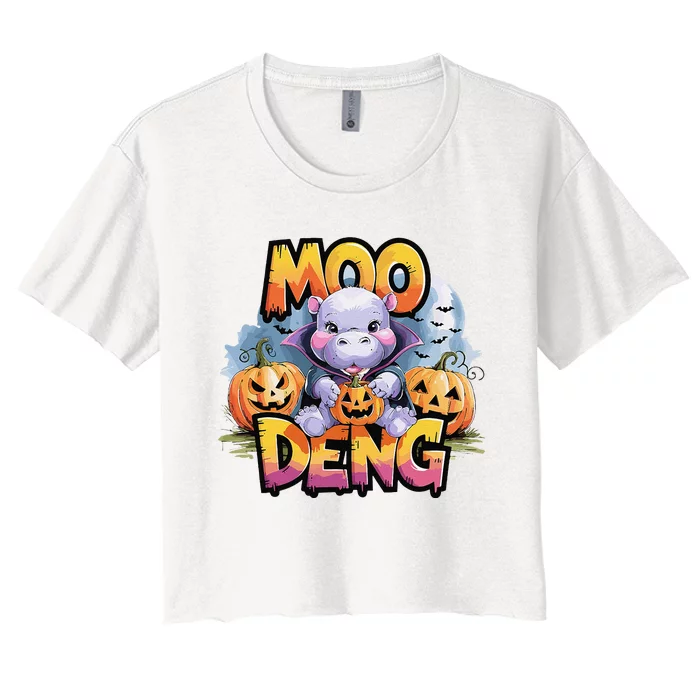 Cute Moo Deng Bouncy Pig In Thai Halloween Baby Hippopotamus Women's Crop Top Tee