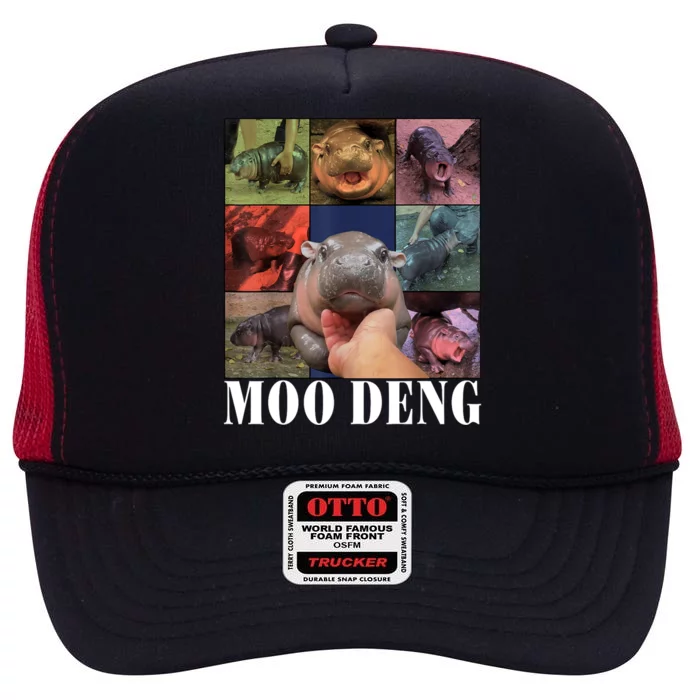 Colorful Moo Deng Retro Photo Hippo High Crown Mesh Trucker Hat