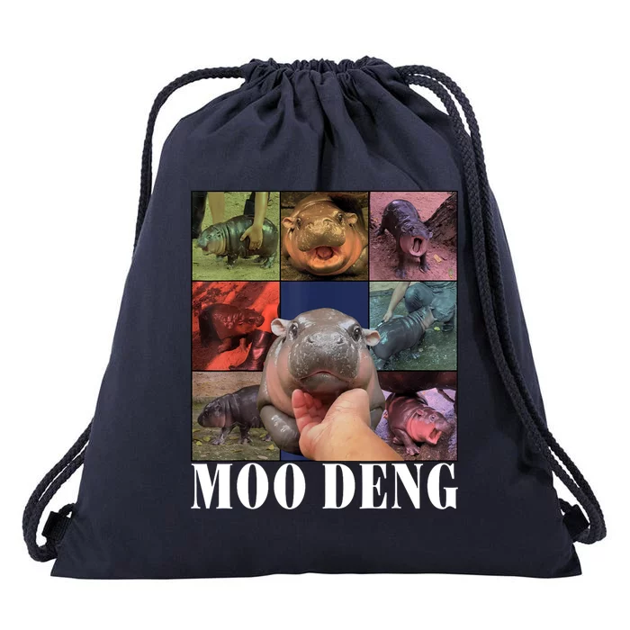 Colorful Moo Deng Retro Photo Hippo Drawstring Bag