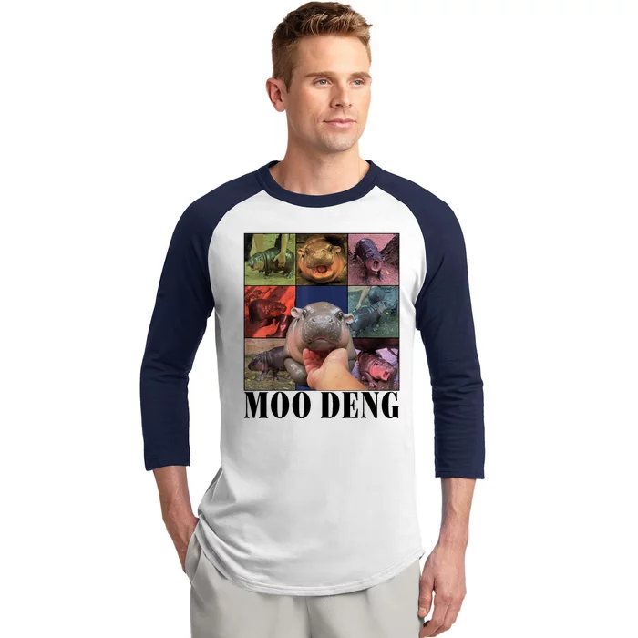 Colorful Moo Deng Retro Photo Hippo Baseball Sleeve Shirt