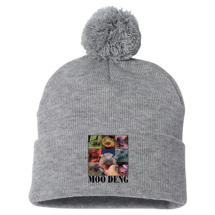 Colorful Moo Deng Retro Photo Hippo Pom Pom 12in Knit Beanie