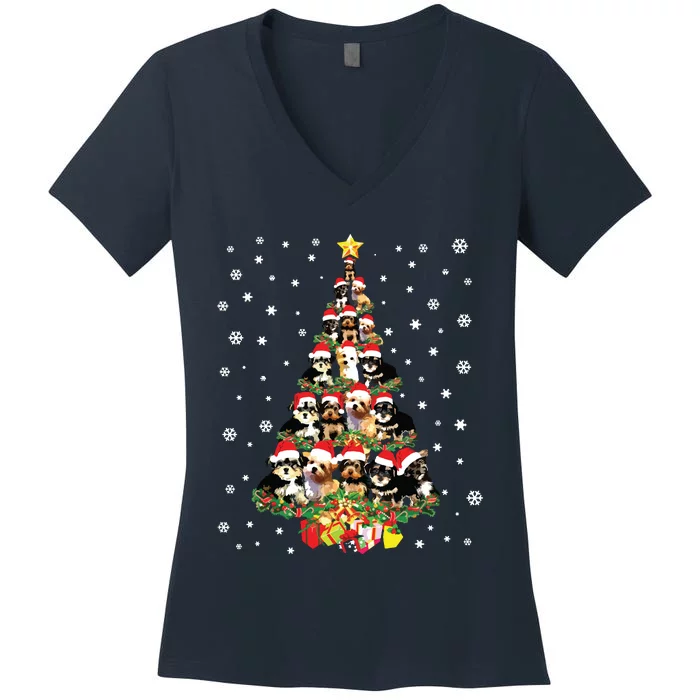 Cute Morkie Dog Christmas Tree Gifts Decor Xmas Tree Women's V-Neck T-Shirt