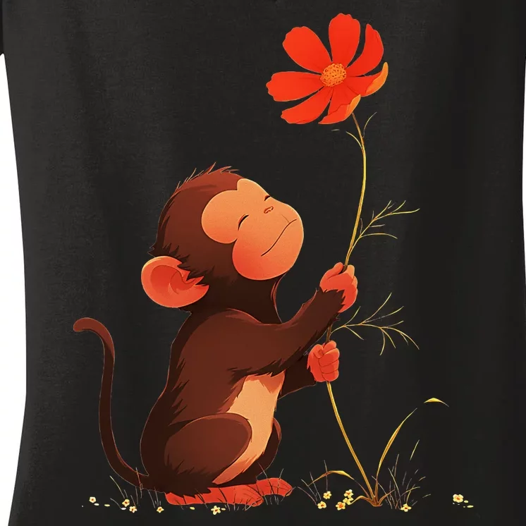 Cute Monkey Flower Adorable Animal Women's V-Neck T-Shirt