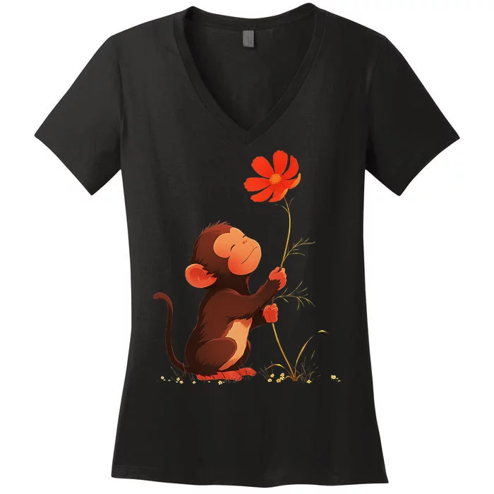 Cute Monkey Flower Adorable Animal Women's V-Neck T-Shirt