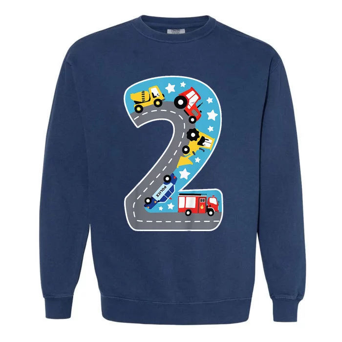 Construction Machines Fire Brigade Police 2nd Birthday Garment-Dyed Sweatshirt