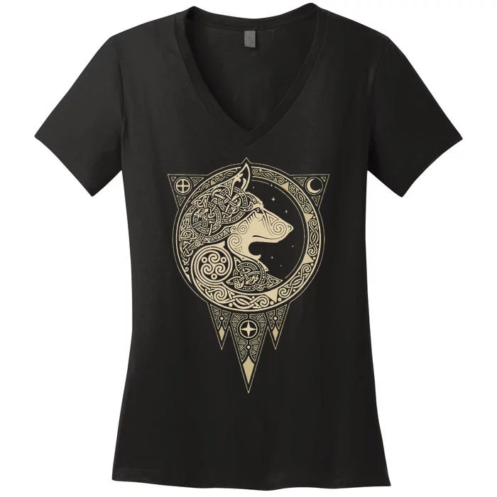 Celtic Mythology Fenrir Wolf Runes Women's V-Neck T-Shirt