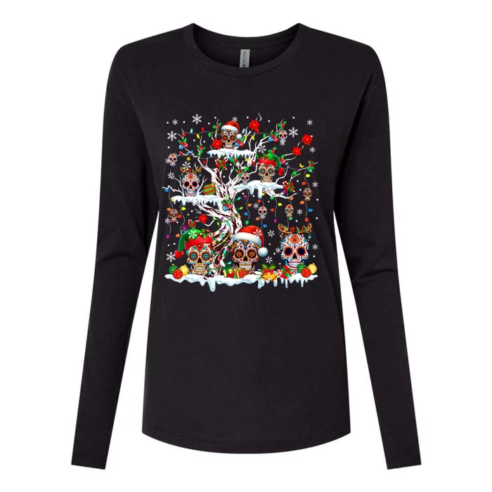 Colorful Mexican Floral Skulls On Christmas Tree Family Womens Cotton Relaxed Long Sleeve T-Shirt