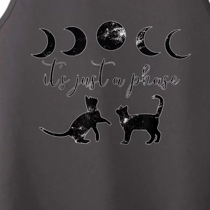 Cats Motif Funny Fun Retro Moon Quote Its Just A Phase Performance Tank