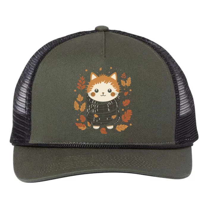 Cat Mom Fall Vibes Autumn Cozy Kitten Art Gift Retro Rope Trucker Hat Cap