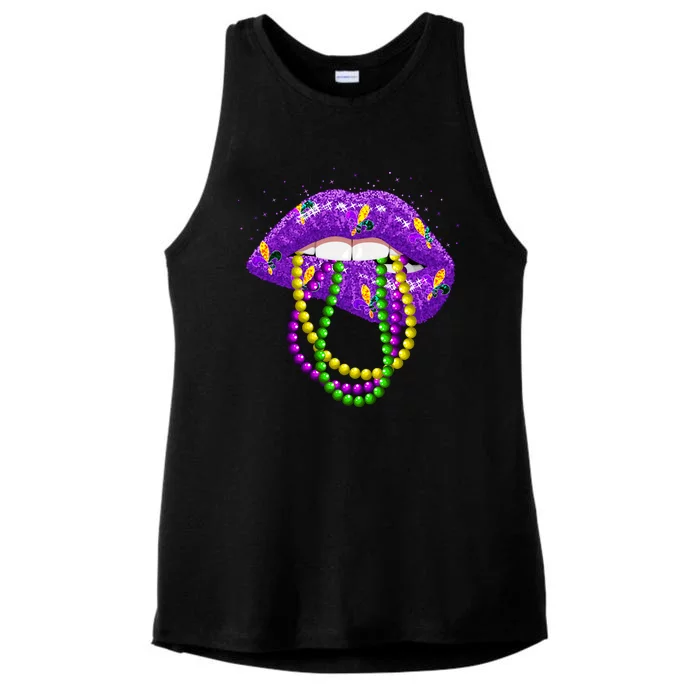 Cool Mardi Gras Glitter Lips Ladies Tri-Blend Wicking Tank