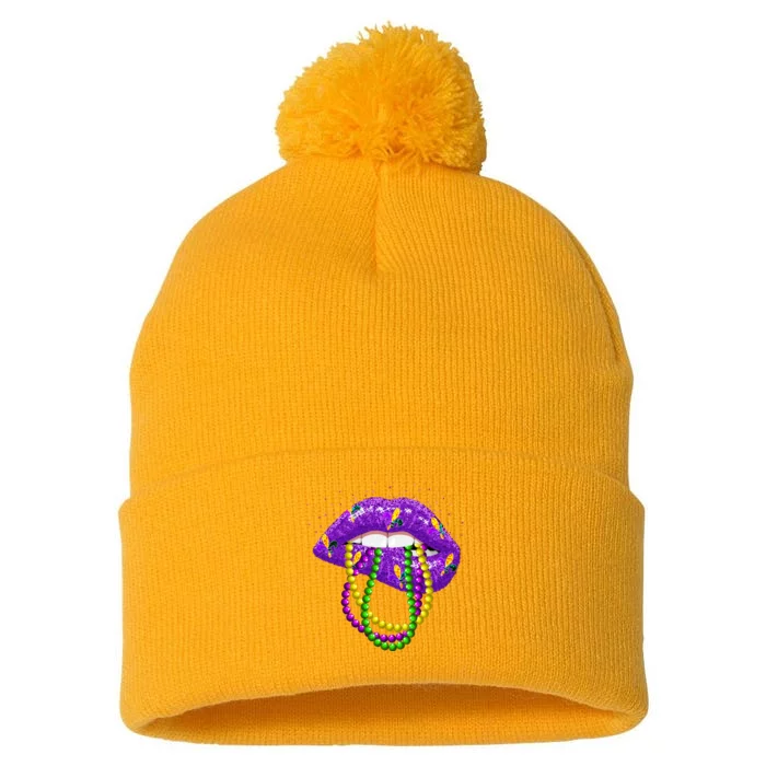 Cool Mardi Gras Glitter Lips Pom Pom 12in Knit Beanie