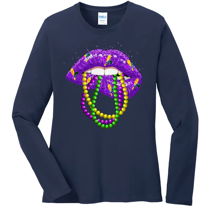 Cool Mardi Gras Glitter Lips Ladies Long Sleeve Shirt