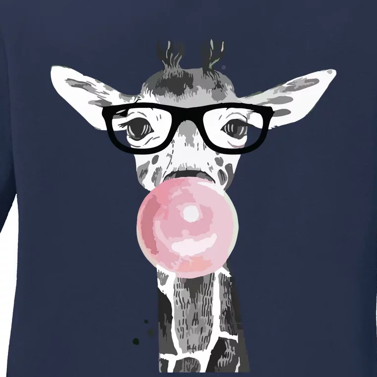 Cute Modern Giraffe With Glasses And A Pink Bubble Gum Ladies Long Sleeve Shirt