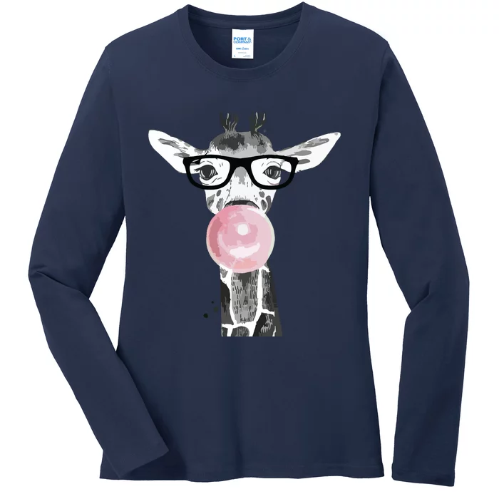 Cute Modern Giraffe With Glasses And A Pink Bubble Gum Ladies Long Sleeve Shirt