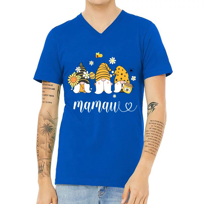 Cute Mamaw Gnomes With Bees And Sunflower Southern Grandma Gift V-Neck T-Shirt