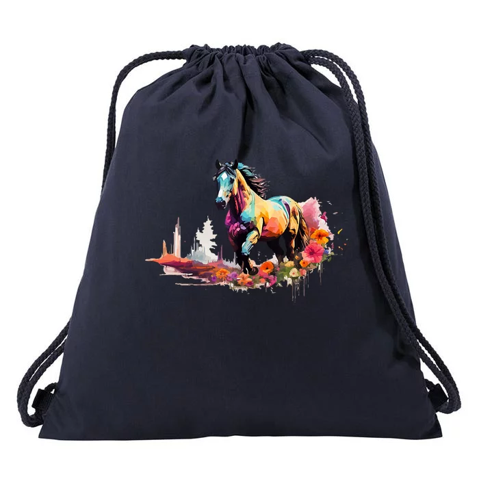 Colorful Majestic Horse With Floral Accents Drawstring Bag