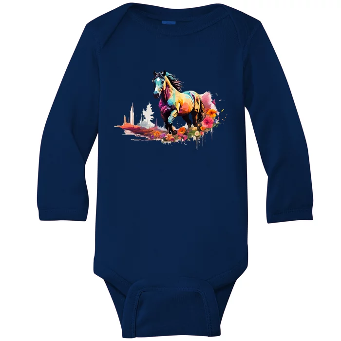 Colorful Majestic Horse With Floral Accents Baby Long Sleeve Bodysuit