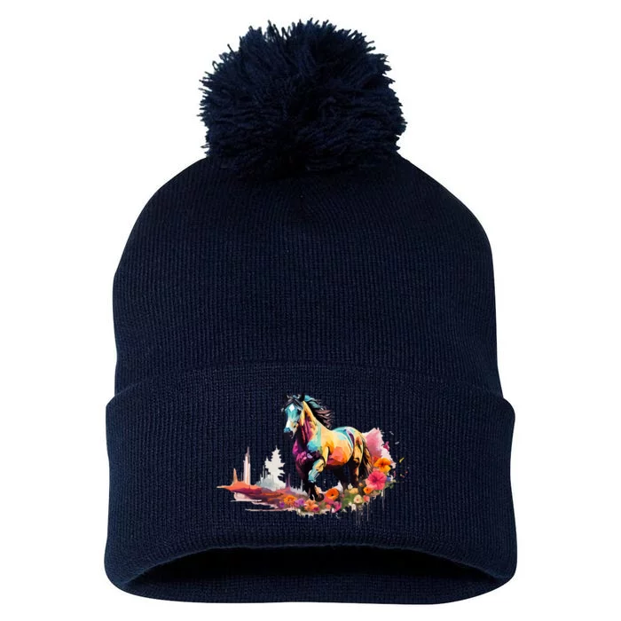 Colorful Majestic Horse With Floral Accents Pom Pom 12in Knit Beanie