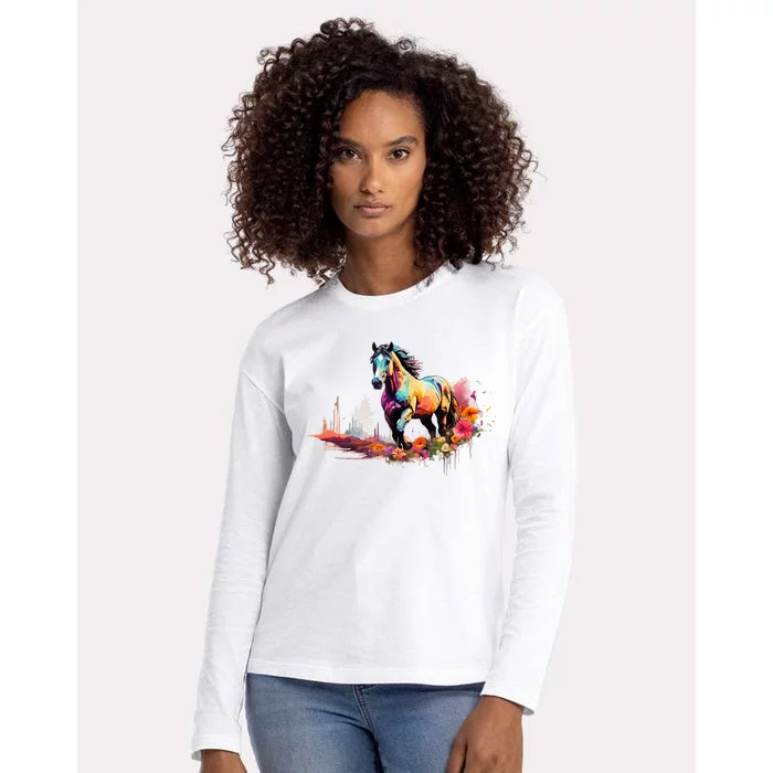 Colorful Majestic Horse With Floral Accents Womens Cotton Relaxed Long Sleeve T-Shirt