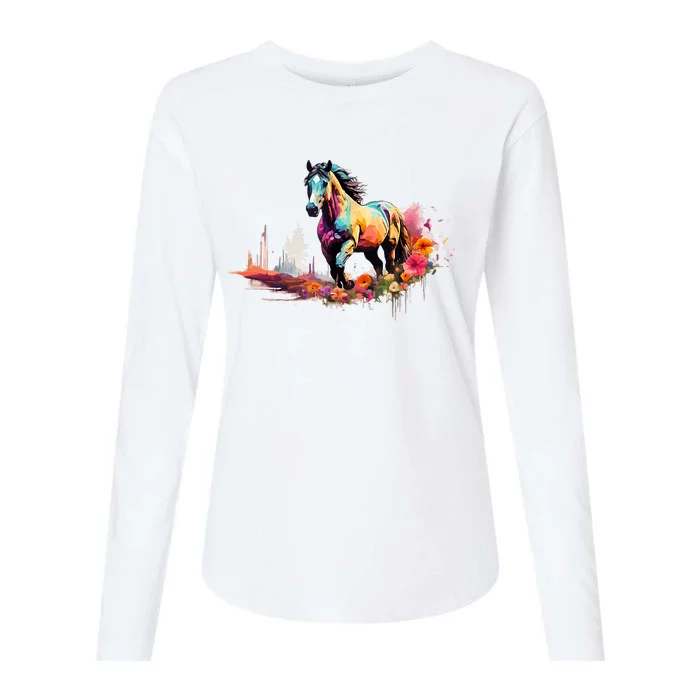 Colorful Majestic Horse With Floral Accents Womens Cotton Relaxed Long Sleeve T-Shirt