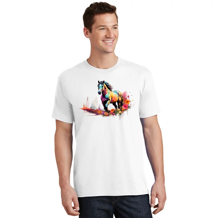 Colorful Majestic Horse With Floral Accents T-Shirt