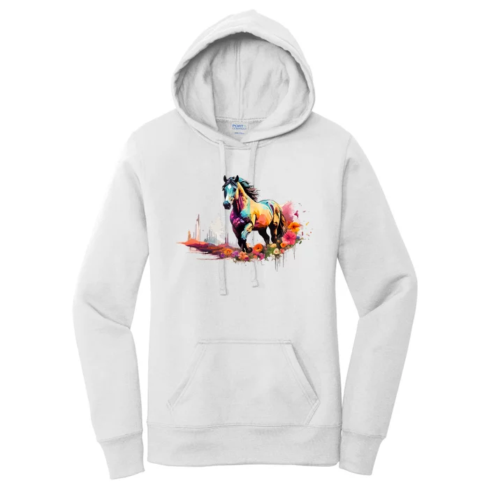 Colorful Majestic Horse With Floral Accents Women's Pullover Hoodie