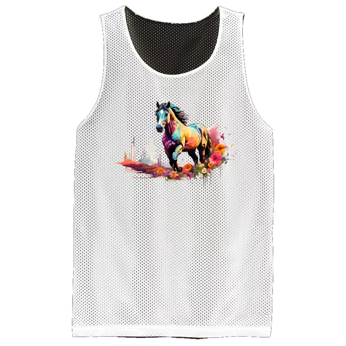 Colorful Majestic Horse With Floral Accents Mesh Reversible Basketball Jersey Tank