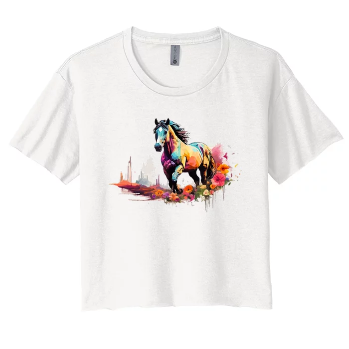 Colorful Majestic Horse With Floral Accents Women's Crop Top Tee