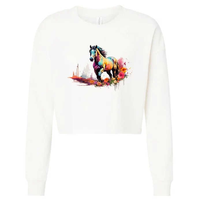 Colorful Majestic Horse With Floral Accents Cropped Pullover Crew