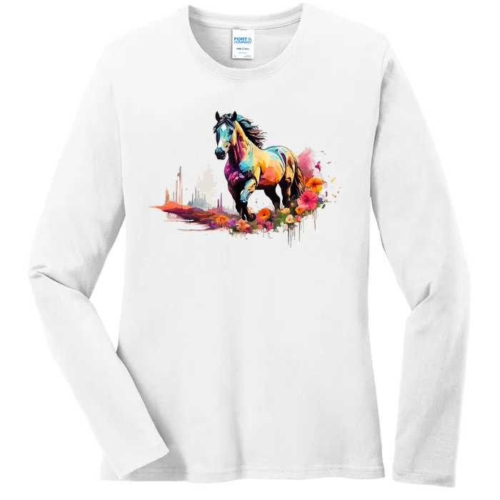 Colorful Majestic Horse With Floral Accents Ladies Long Sleeve Shirt