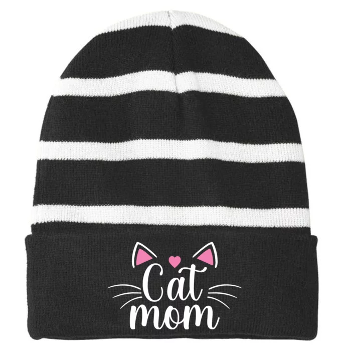 Cat Mom Happy Mothers Day For Cat Lovers Family Matching Striped Beanie with Solid Band