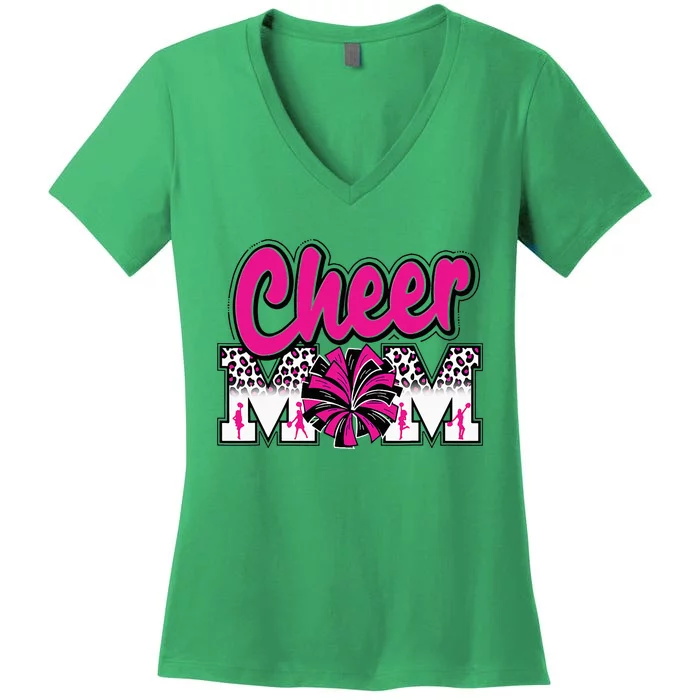 Cheer Mom Hot Pink Black Leopard Letters Cheer Pom Poms Women's V-Neck T-Shirt