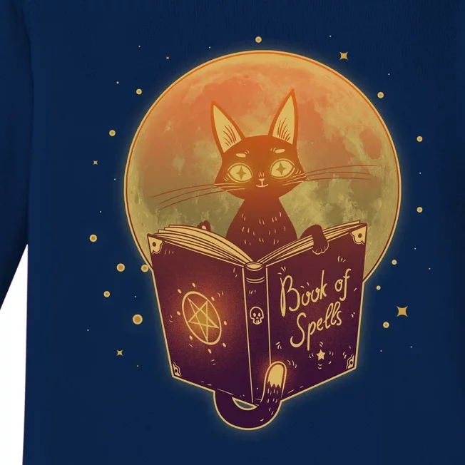 Cute Mystical Halloween Book Of Spells Cat Baby Long Sleeve Bodysuit