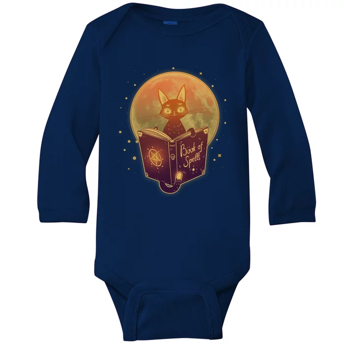 Cute Mystical Halloween Book Of Spells Cat Baby Long Sleeve Bodysuit