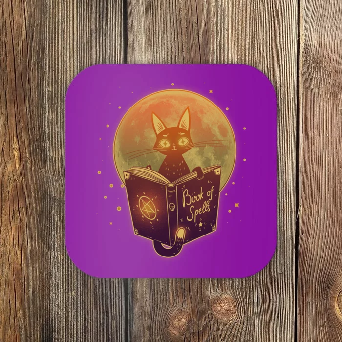 Cute Mystical Halloween Book Of Spells Cat Coaster