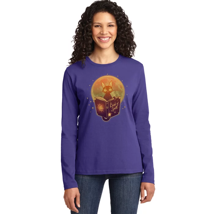 Cute Mystical Halloween Book Of Spells Cat Ladies Long Sleeve Shirt