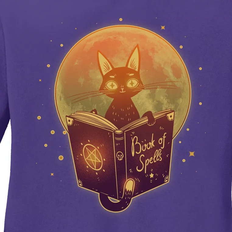 Cute Mystical Halloween Book Of Spells Cat Ladies Long Sleeve Shirt