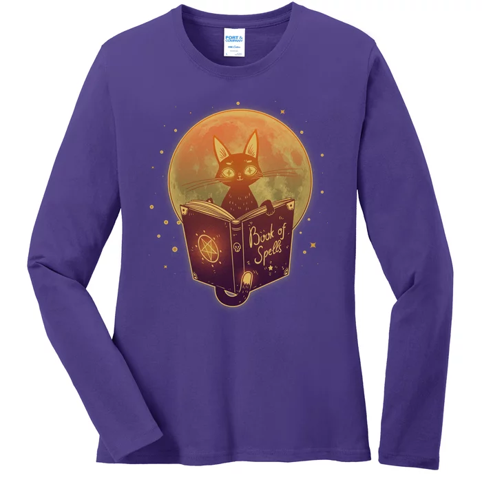 Cute Mystical Halloween Book Of Spells Cat Ladies Long Sleeve Shirt