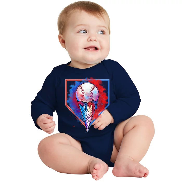 Cute Melting Ice Cream Baseball Ball Home Plate Baby Long Sleeve Bodysuit