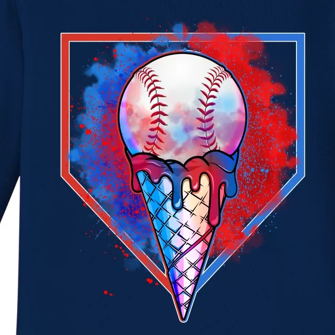 Cute Melting Ice Cream Baseball Ball Home Plate Baby Long Sleeve Bodysuit