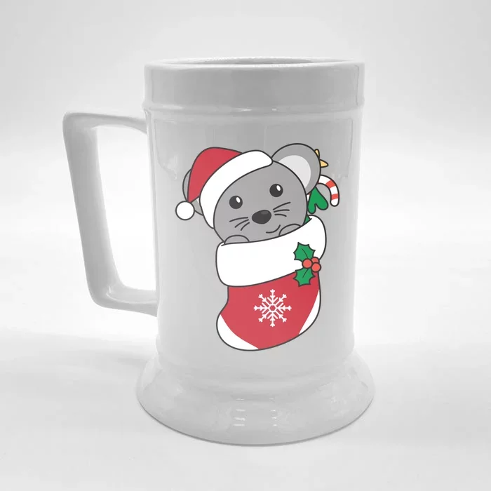 Cute Mouse In Christmas Sock For Christmas Mice Gift Front & Back Beer Stein