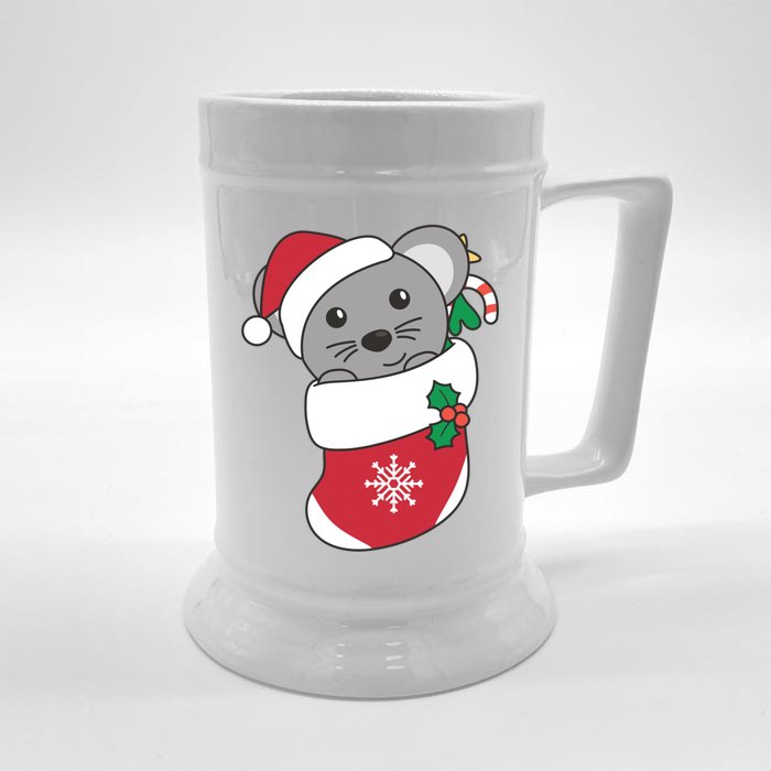 Cute Mouse In Christmas Sock For Christmas Mice Gift Front & Back Beer Stein