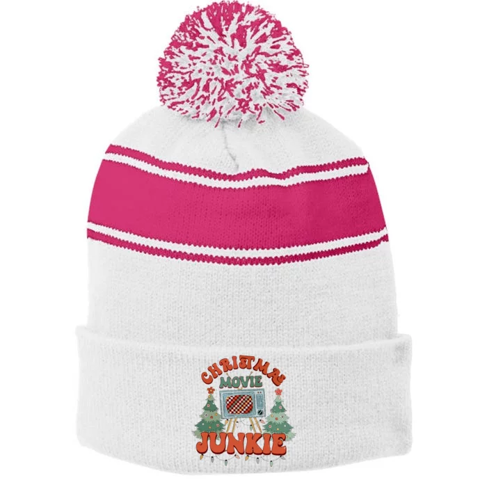 Christmas Movie Junkie Retro Christmas Tree Chrismas Stripe Pom Pom Beanie